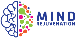 Mind Rejuvenation logo with a stylized brain graphic — left side in structured blue lines, right side in vibrant colors symbolizing creativity and mental wellness, paired with bold blue 'MIND REJUVENATION' text for a holistic health and mindfulness brand.