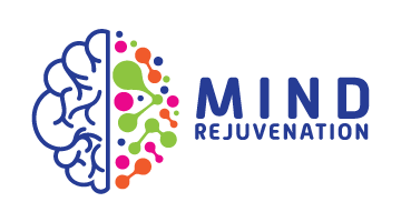 Mind Rejuvenation logo with a stylized brain graphic — left side in structured blue lines, right side in vibrant colors symbolizing creativity and mental wellness, paired with bold blue 'MIND REJUVENATION' text for a holistic health and mindfulness brand.