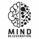Black Mind Rejuvenation icon of a stylized brain graphic — left side in structured lines, right side in dots and lines symbolizing creativity and mental wellness, for a holistic health and mindfulness brand.