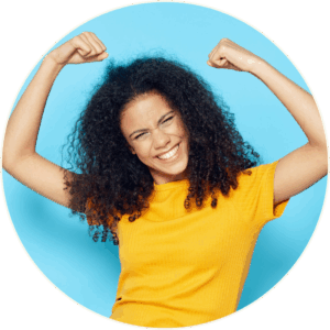 Confident person in yellow shirt flexing arms against a blue background, symbolizing increased energy, immune support, and vitality from vitamin infusion therapy.