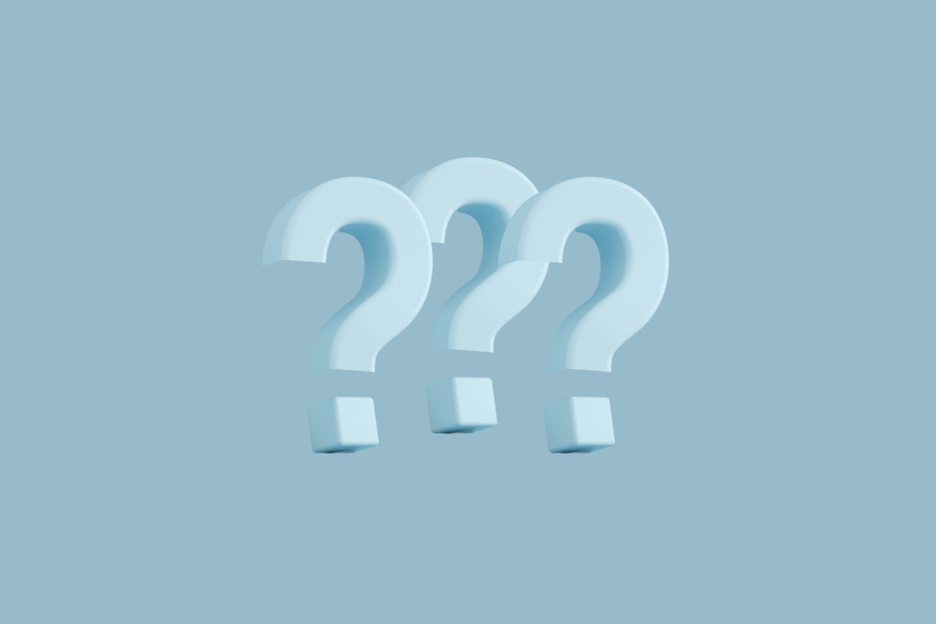 Three bold, 3D question marks on a blue background, symbolizing curiosity and clarity. Designed for the Mind Rejuvenation FAQs page, emphasizing mental wellness, answers, and support.
